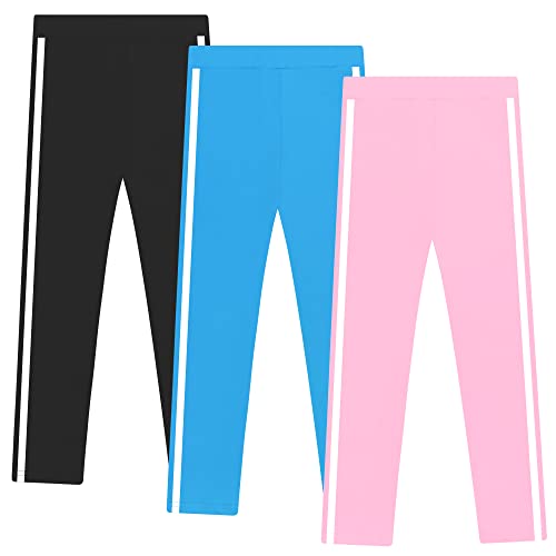 L&K-II 3er Pack Mädchen Leggings mit Seitenstreifen Kinder Sport Hosen Fitness Leggins Baumwolle Mehrfabrig 2701 Schwarz Pink Blau Gr.110 von L&K-II