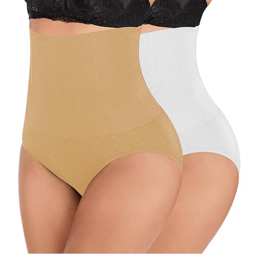 L&K-II Bauchweg Unterhose Damen Shapewear Miederhose Hohe Taille Miederslips Body Shaper Figurformende Unterwäsche Weiß+Beige XS/S von L&K-II