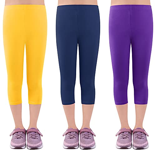 L&K-II Kinder Mädchen Leggings 3/4 Mädchen Hose Capri-Hose aus Baumwolle Schulkleidung 146-152 2723 Gelb+Lila+Blau von L&K-II