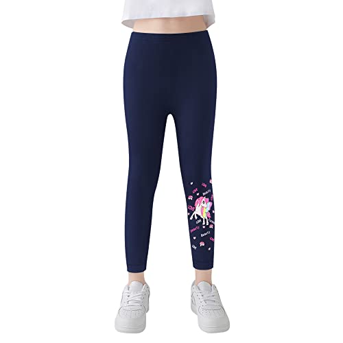 L&K-II Mädchen Leggings Basic Baumwolle Sporthose Uni Faber mit Einhorn Motiv knöchellange strechhose Dunkelblau 98 4536 von L&K-II