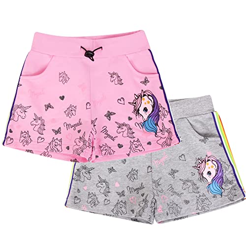 L&K-II Mädchen Shorts mit Einhorn und Farbstreifen Muster Kinder Baby Kurze Hose Baumwolle 2705 Grau+Pink 110 von L&K-II