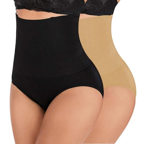 L&K-II Bauchweg Unterhose Damen Shapewear Miederhose Hohe Taille Miederslips Body Shaper Figurformende Unterwäsche Schwarz+Beige M/L von L&K-II