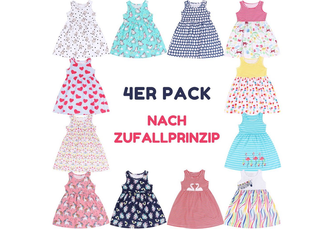 L&K-II Sommerkleid 5204 (2/3/4er-Pack) Sommerkleider Mädchen mit Einhorn Blumen Tieren Mustern von L&K-II