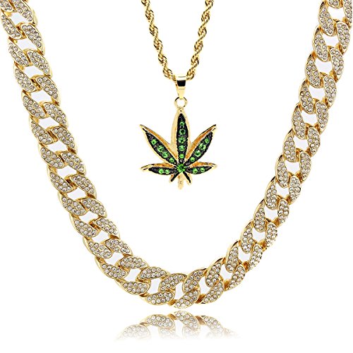 Herren Marihuana-Anhänger, 14 Karat vergoldet, 61 cm langes Seil und 76,2 cm lange kubanische Kette Herren Marihuana-Anhänger, 14 Karat vergoldet, 61 cm langes Seil und 76,2 cm lange kubanische Kette von L & L Nation