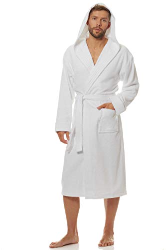 L&L Herren Bademantel Mit Kapuze Lang I Flauschig Angenehm I Weich Baumwolle 100% (White, Medium) von L&L