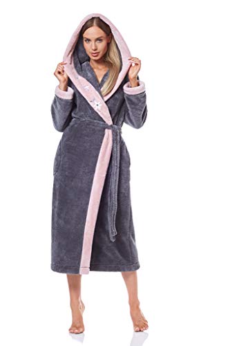 L&L - 9145 Luxus-Bademantel Damen Soft Langarm Bademantel. Extrem leicht. Durchgehender Hausmantel Bademantel mit Kapuze für Damen. (Onyx, X-Large) von L&L