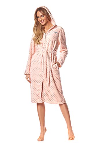 L&L - 9156 Long Luxury Toweling Damen Weicher Langarm Bademantel. Extrem Leicht. Hausmantel mit Reißverschluss in Voller Länge mit Kapuze für Damen. (Dots Aprikot Purple, Small) von L&L