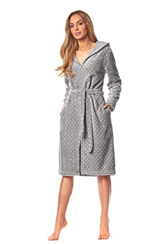 L&L - 9156 Long Luxury Toweling Damen Weicher Langarm Bademantel. Extrem Leicht. Hausmantel mit Reißverschluss in Voller Länge mit Kapuze für Damen. (Dots GRAF White, XX-Large) von L&L