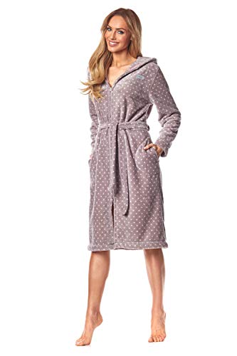 L&L - 9156 Long Luxury Toweling Damen Weicher Langarm Bademantel. Extrem Leicht. Hausmantel mit Reißverschluss in Voller Länge mit Kapuze für Damen. (Dots Purple Pink, Small) von L&L