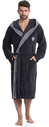 L&L - GEORGE Bademantel Herren Langer Schlafrock für Männer mit Kapuze Extrem Flauschig und weicher I Morgenmantel Herren I Bademäntel für herren mit Bindegürtel (Grafit,M) von L&L