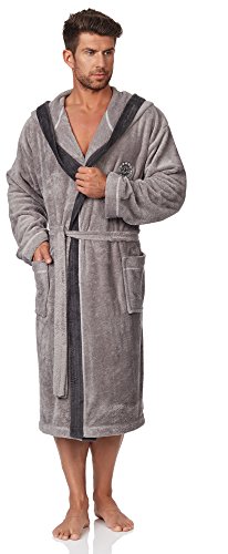 L&L - GEORGE Bademantel Herren Langer Schlafrock für Männer mit Kapuze Extrem Flauschig und weicher I Morgenmantel Herren I Bademäntel für herren mit Bindegürtel (Gray,L) von L&L