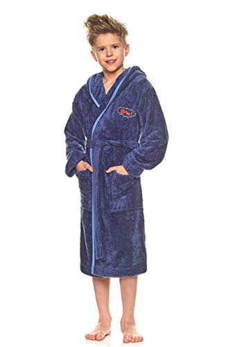 L&L Kinderbademantel Jungen Morgenmantel Fleece mit Kapuze Hausmantel Flauschig Mikrofaser Stickerei Bademantel mit Taschen und Bindegürtel I Marine/Bam, 134/140 I von L&L