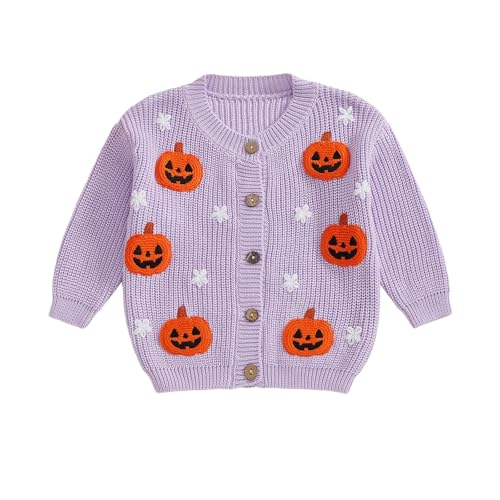 Baby Jungen Mädchen Halloween Kürbis Strickjacke Gestrickt Pullover Jumper Neugeborenen Langarm Cardigan Strickpullover Kleinkinder Pulli Kleidung Outfit Knitted Sweater (A - Lila, 6-12 Monate) von L&ieserram