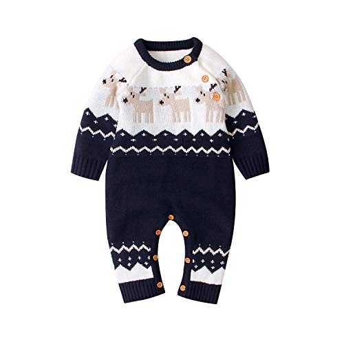 Baby Jungen Mädchen Unisex Stricken Weihnachten Outfits Baby Kleidung Weihnachtsset Babykleidung Gestrickt Strampler Hut Set Warm Bodysuit Jumpsuit Baby Weihnachten Geschenk (Blau Elch, 0-3 Monate) von L&ieserram