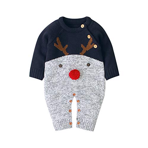 Baby Jungen Mädchen Unisex Stricken Weihnachten Outfits Baby Kleidung Weihnachtsset Babykleidung Gestrickt Strampler Hut Set Warm Bodysuit Jumpsuit Baby Weihnachten Geschenk (Blau Hirsch, 3-6 Monate) von L&ieserram