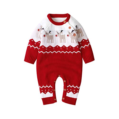 Baby Jungen Mädchen Unisex Stricken Weihnachten Outfits Baby Kleidung Weihnachtsset Babykleidung Gestrickt Strampler Hut Set Warm Bodysuit Jumpsuit Baby Weihnachten Geschenk (Rot Elch, 6-12 Monate) von L&ieserram