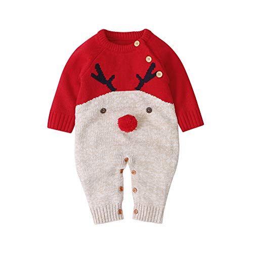 Baby Jungen Mädchen Unisex Stricken Weihnachten Outfits Baby Kleidung Weihnachtsset Babykleidung Gestrickt Strampler Hut Set Warm Bodysuit Jumpsuit Baby Weihnachten Geschenk (Rot Hirsch, 12-18 Monate) von L&ieserram