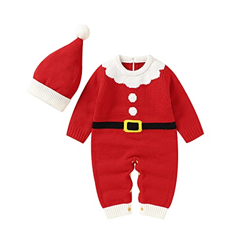 Baby Jungen Mädchen Unisex Stricken Weihnachten Outfits Baby Kleidung Weihnachtsset Babykleidung Gestrickt Strampler Hut Set Warm Bodysuit Jumpsuit Baby Weihnachten Geschenk (Rot Santa, 3-6 Monate) von L&ieserram