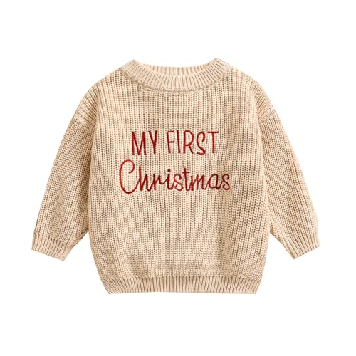 Baby Jungen Mädchen Weihnachtspullover Weihnachten Gestrickt Pullover Jumper Neugeborenen Langarm Strickpullover Pulli Kleinkinder Kleidung Outfit (My First Christmas 02 - Khaki, 9-12 Monate) von L&ieserram