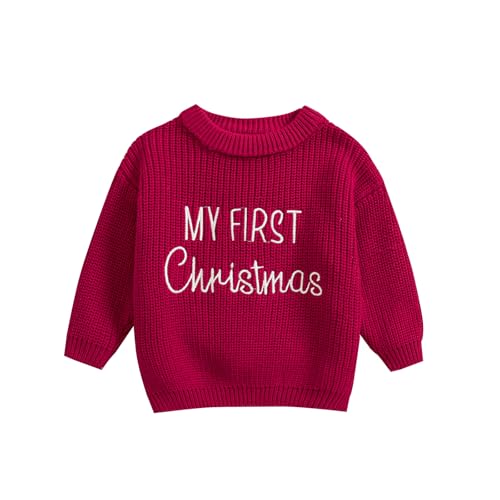 Baby Jungen Mädchen Weihnachtspullover Weihnachten Gestrickt Pullover Jumper Neugeborenen Langarm Strickpullover Pulli Kleinkinder Kleidung Outfit (My First Christmas 02 - Rot, 9-12 Monate) von L&ieserram