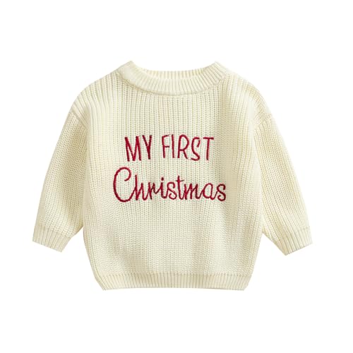 Baby Jungen Mädchen Weihnachtspullover Weihnachten Gestrickt Pullover Jumper Neugeborenen Langarm Strickpullover Pulli Kleinkinder Kleidung Outfit (My First Christmas 02 - Weiß, 0-3 Monate) von L&ieserram
