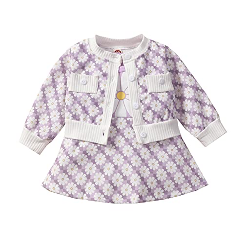 Baby Kleidung Mädchen 2-Teilige Kleinkind Babykleidung Kleid Set Casual Kleid Plaid Blumen Druck Rundhals Jacke Neugeborene Baby Geschenk Babysuit (Lila, 12-18 Monate) von L&ieserram