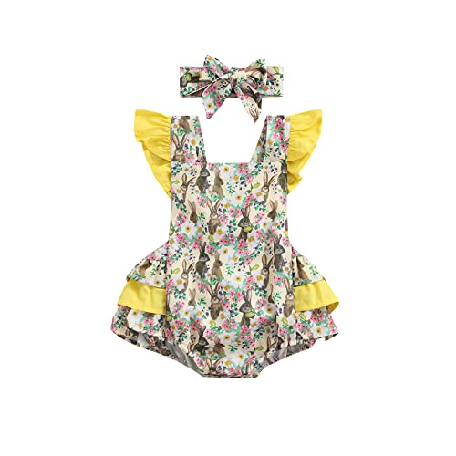 Baby Mädchen Ostern Outfits Baby Kleidung Niedlich Hasen Stil Babykleidung Strampler Body mit Hasen Druck Stirnband Set Bodysuit Mein erster Ostern Baby Geschenk (Blumen Gelb, 18-24 Monate) von L&ieserram