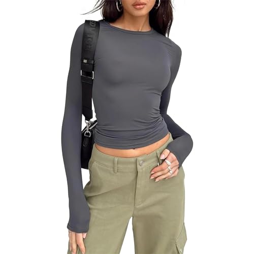 Damen Basic Langarmshirt Eng Elastisch Slim Fit Y2K Top Langarm Shirt Lässige Oberteile Unterziehshirt mit Ausschnitt (Dunkelgrau, M) von L&ieserram
