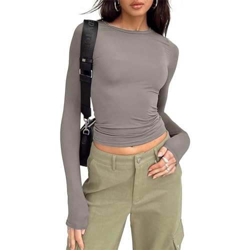 Damen Basic Langarmshirt Eng Elastisch Slim Fit Y2K Top Langarm Shirt Lässige Oberteile Unterziehshirt mit Ausschnitt (Hellgrau, S) von L&ieserram