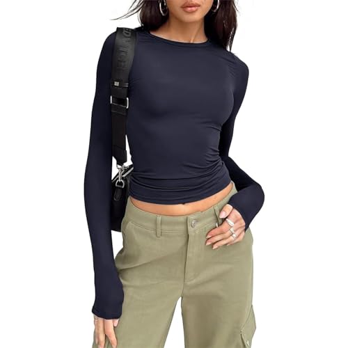Damen Basic Langarmshirt Eng Elastisch Slim Fit Y2K Top Langarm Shirt Lässige Oberteile Unterziehshirt mit Ausschnitt (Navy, S) von L&ieserram