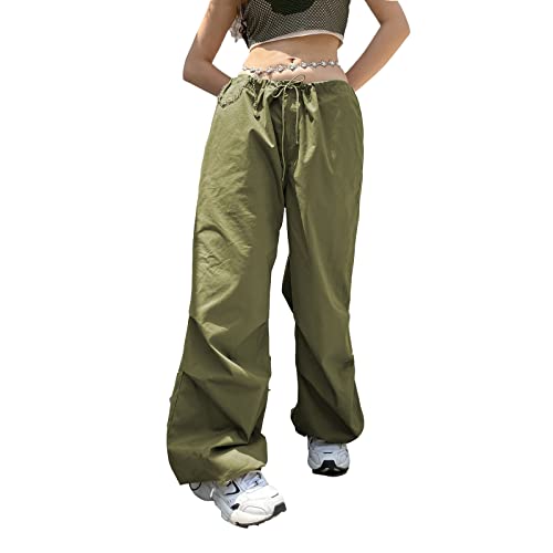 Cargohose Damen Baggy High Waist Weites Bein Hose Y2K Parachute Cargo Pants Oversized Vintage 90er Baggy Cargo Hose Teenager Mädchen Breite Jogginghose mit Kordelzug (A-Olivgrün, S) von L&ieserram