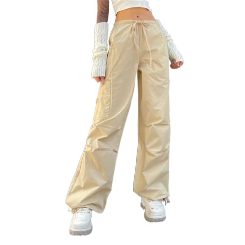 Cargohose Damen Baggy High Waist Weites Bein Hose Y2K Parachute Cargo Pants Oversized Vintage 90er Baggy Cargo Hose Teenager Mädchen Breite Jogginghose mit Kordelzug (D-Beige, L) von L&ieserram