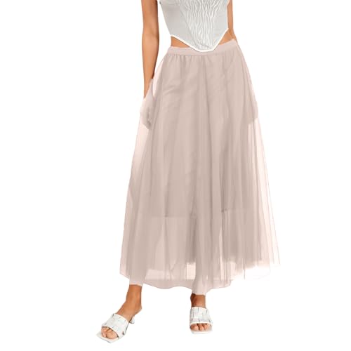 Damen Maxi Tüllrock Lang Tüll Faltenrock Petticoat Unterrock High Waist A-Linie Plisseerock Faschingskostüme Rock für Halloween Fasching Karneval Kostüm Party (Aprikose, ONE Size) von L&ieserram