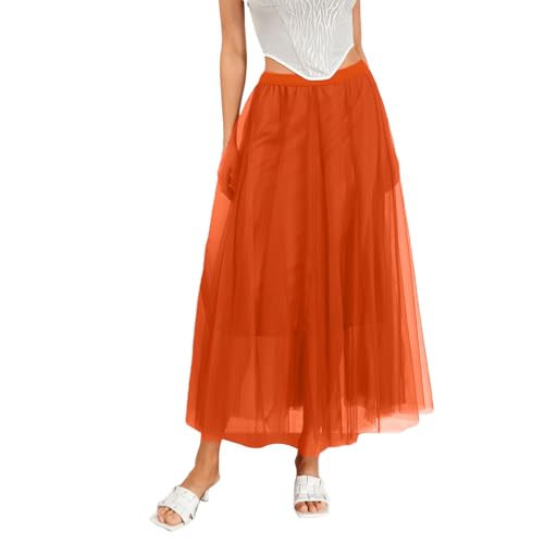 Damen Maxi Tüllrock Lang Tüll Faltenrock Petticoat Unterrock High Waist A-Linie Plisseerock Faschingskostüme Rock für Halloween Fasching Karneval Kostüm Party (Orange, ONE Size) von L&ieserram