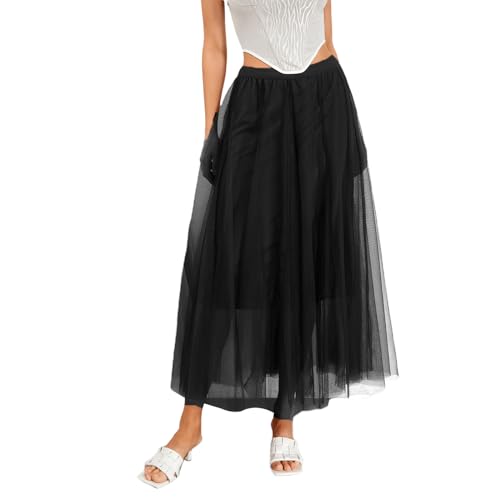 Damen Maxi Tüllrock Lang Tüll Faltenrock Petticoat Unterrock High Waist A-Linie Plisseerock Faschingskostüme Rock für Halloween Fasching Karneval Kostüm Party (Schwarz, ONE Size) von L&ieserram