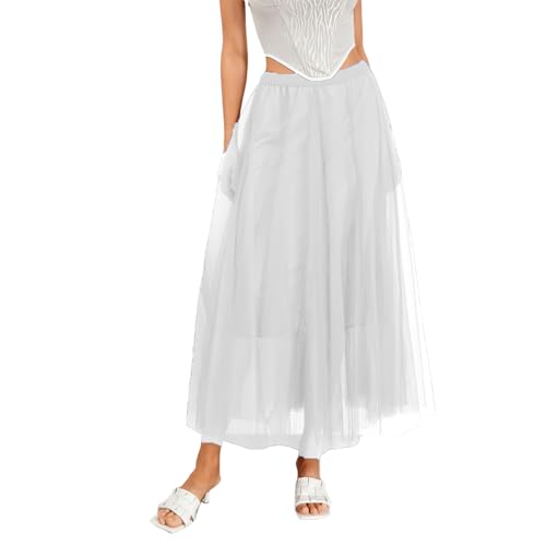 Damen Maxi Tüllrock Lang Tüll Faltenrock Petticoat Unterrock High Waist A-Linie Plisseerock Faschingskostüme Rock für Halloween Fasching Karneval Kostüm Party (Weiß, ONE Size) von L&ieserram