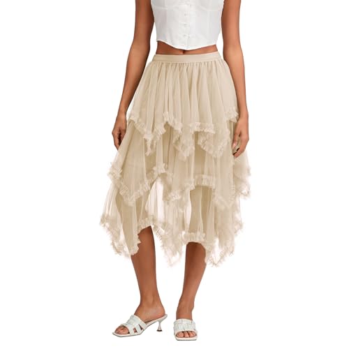 Damen Midi Tüllrock Lang Tüll Petticoat Unterrock High Waist A-Linie Knielang Faschingskostüme Rock für Halloween Fasching Karneval Kostüm Party (Asymmetrisch Rüschen Aprikose, ONE Size) von L&ieserram