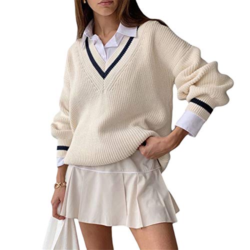 Damen Pullover Y2K Oversize Strickpullover V Ausschnitt Langarm Pulli Lang Warm Vintage 90er Aesthetic E-Girl Teenager Mädchen Herbst Winter Strickpulli Sweater Jumper (Beige, M) von L&ieserram