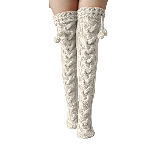 Damen Strick Overknee Strümpfe Lange Kniestrümpfe Winter Warm Oberschenkel Strümpfe Über Knie Socken mit Zopfmuster Weihnachten Kniestrümpfe (C-Beige Bommel, Einheitsgröße) von L&ieserram