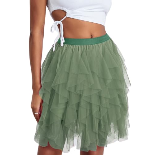 Damen Tüllrock Kurzer Tüll Petticoat Unterrock High Waist A-Linie Tutu Rock Minirock Faschingskostüme Tütü Rock für Halloween Fasching Karneval Kostüm Party (Grün, ONE Size) von L&ieserram