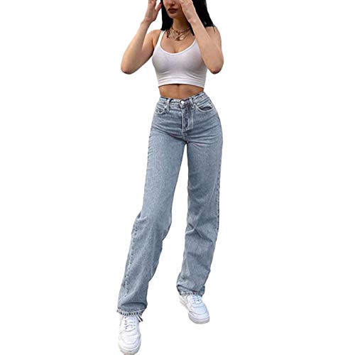 Damen Y2k Jeans Hose mit hoher Taille Vintage E-Girl Streetwear Gotisch Locker Lang Lässig Weich Freizeithose Casual Weites Gerades Bein Schlagjeans Jeanshose (Hellblau Schmetterling Back, M) von L&ieserram