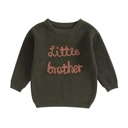 L&ieserram Baby Jungen Gestrickt Pullover Jumper Neugeborenen Kinder Langarm Strickpullover Pulli Kleinkinder Kleidung Outfit Knitted Sweater Bruder (Little Brother - Armeegrün, 9-12 Monate) von L&ieserram
