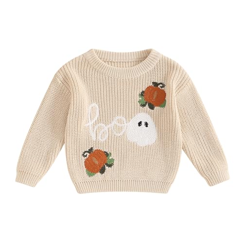 L&ieserram Baby Jungen Mädchen Halloween Gestrickt Pullover Jumper Neugeborenen Kinder Langarm Strickpullover Pulli Kleinkinder Kleidung Outfit Knitted Sweater (Boo - Beige, 0-3 Months) von L&ieserram