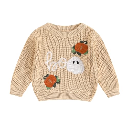 L&ieserram Baby Jungen Mädchen Halloween Gestrickt Pullover Jumper Neugeborenen Kinder Langarm Strickpullover Pulli Kleinkinder Kleidung Outfit Knitted Sweater (Boo - Khaki, 6-9 Months) von L&ieserram
