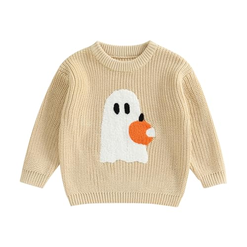 L&ieserram Baby Jungen Mädchen Halloween Kürbis Pullover Gestrickt Jumper Neugeborenen Langarm Strickpullover Kinder Pulli Kleidung Outfit Knitted Sweater (Geist - Khaki, 0-3 Monate) von L&ieserram