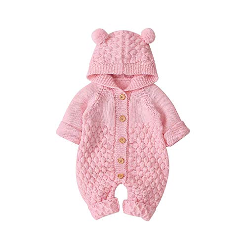 L&ieserram Baby Jungen Mädchen Unisex Stricken Strampler Baby Kleidung Babykleidung Gestrickt Strampler Kapuzen Bodysuit mit Bärohr Warm Jumpsuit Baby Geschenk (Pink, 0-6 Monate) von L&ieserram