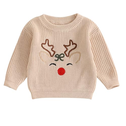 L&ieserram Baby Jungen Mädchen Weihnachten Gestrickt Pullover Jumper Weihnachtspullover Neugeborenen Kinder Langarm Strickpullover Pulli Kleinkinder Kleidung Outfit (Elch 02 - Khaki, 0-3 Monate) von L&ieserram