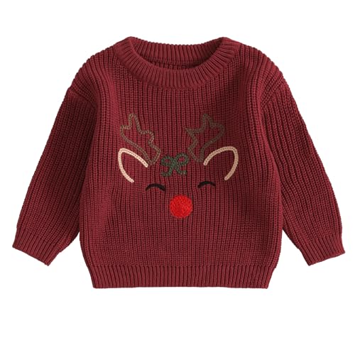 L&ieserram Baby Jungen Mädchen Weihnachten Gestrickt Pullover Jumper Weihnachtspullover Neugeborenen Kinder Langarm Strickpullover Pulli Kleinkinder Kleidung Outfit (Elch 02 - Rot, 9-12 Monate) von L&ieserram