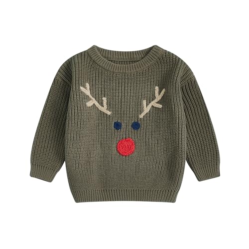 L&ieserram Baby Jungen Mädchen Weihnachten Gestrickt Pullover Jumper Weihnachtspullover Neugeborenen Kinder Langarm Strickpullover Pulli Kleinkinder Kleidung Outfit (Elch - Armeegrün, 9-12 Monate) von L&ieserram