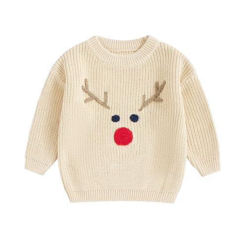 L&ieserram Baby Jungen Mädchen Weihnachten Gestrickt Pullover Jumper Weihnachtspullover Neugeborenen Kinder Langarm Strickpullover Pulli Kleinkinder Kleidung Outfit (Elch - Beige, 6-9 Monate) von L&ieserram